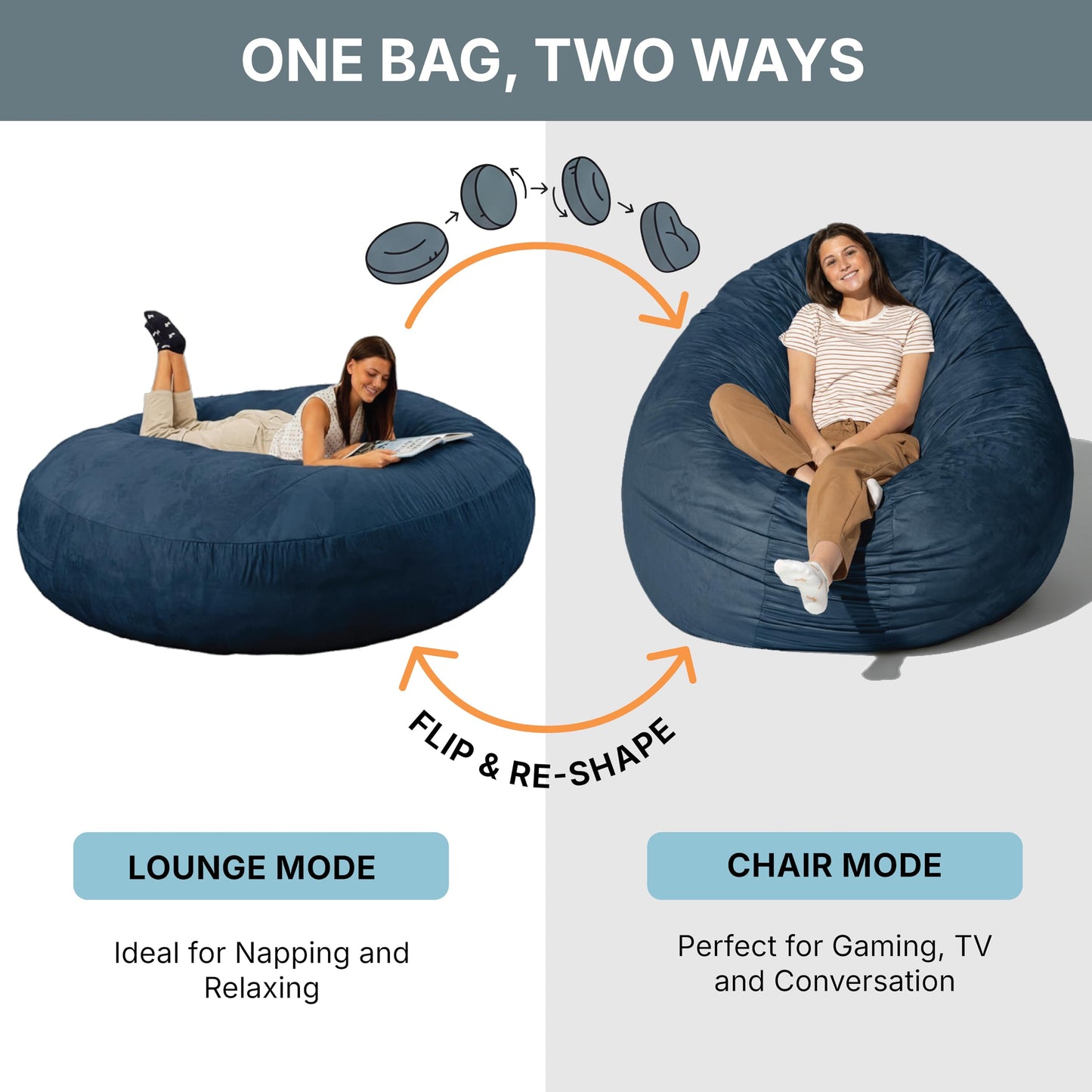 Jaxx 6 Foot Cocoon - 2-in-1 Convertible Bean Bag Bed & Large Bean Bag Chair for Adults, Navy