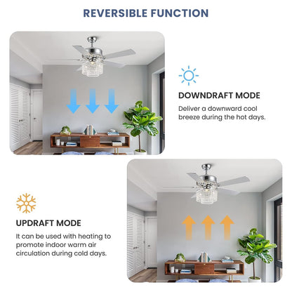CROSSIO 52 Inch Crystal Ceiling Fan with Light and Remote Control, Modern Chandelier Fan with 5 Reversible Wood Blades Chrome Fandelier for Living Room Bedroom (Fine line Crystal-Ceiling Fan)