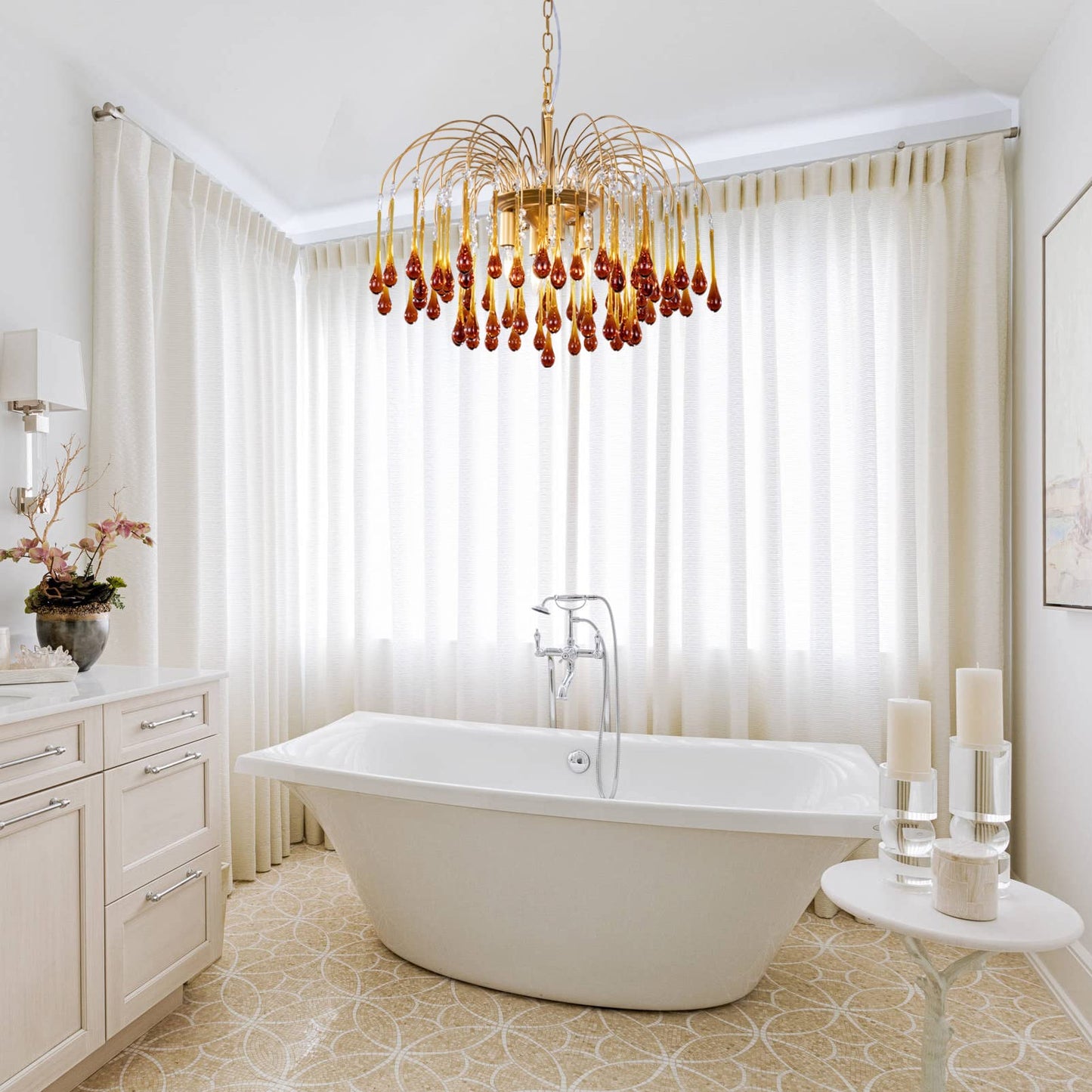 TOCHIC Crystal Gold Chandelier Modern Chandeliers for Dining Room, Raindrop Crystal Chandelier Light Fixture, Vintage Pendant Lighting for Living Room, Bedroom, Bathroom, Foyer, Kitchen Island, 24.5”W
