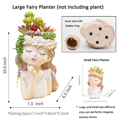 Snowy sunday Girl face planters -Fantasy 2pack Cute Big Succulent Pot with Drainage Hole Tall Lady Head Planter Resin Flower Pot Decorative vase for Indoor/Outdoor Plants Gifts for mom/Aunt/Lover