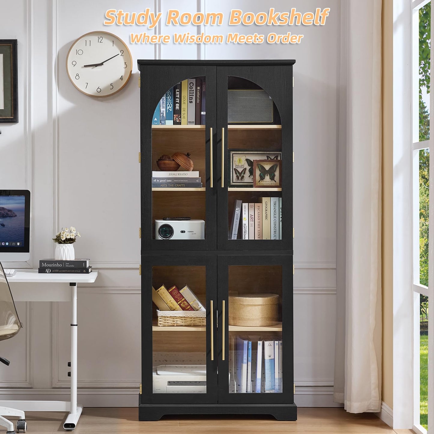 Joaxswe 72" Tall Bookshelf with 4 Curved Glass Doors, Farmhouse Bookcase with 3-Tier Adjustable Shelves, Modern Living Room Display Cabinet, Large Storage Cabinet for Home Office,Dining Room, Black