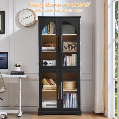 Joaxswe 72" Tall Bookshelf Set of 2, Farmhouse Bookcase with 3-Tier Adjustable Shelves, Modern Living Room Display Cabinet with Glass Doors, Large Storage Cabinet for Home Office,Dining Room, Black