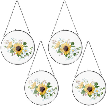 Qunclay 4 Pcs Double Glass Frame for Pressed Flowers Round Hanging Herbarium Floating Flower Press Frame Clear DIY Vintage Artwork Display holder(4 Inch,Black)
