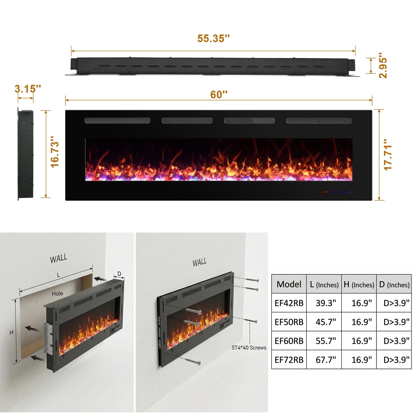 Oxhark Flame 60 Inches Electric Fireplace, Wall Mounted Fireplace Inserts Electric Heater, Flame Effects Like Real Flame, Low Noise, Timer & Thermostat Setting, 750W/1500W