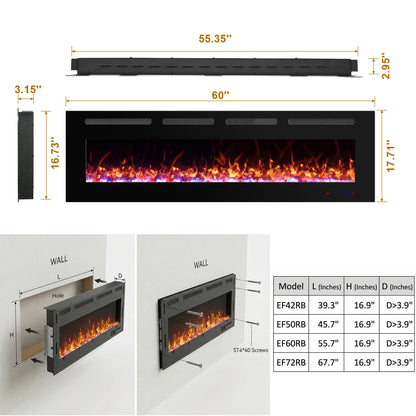 Oxhark Flame 60 Inches Electric Fireplace, Wall Mounted Fireplace Inserts Electric Heater, Flame Effects Like Real Flame, Low Noise, Timer & Thermostat Setting, 750W/1500W