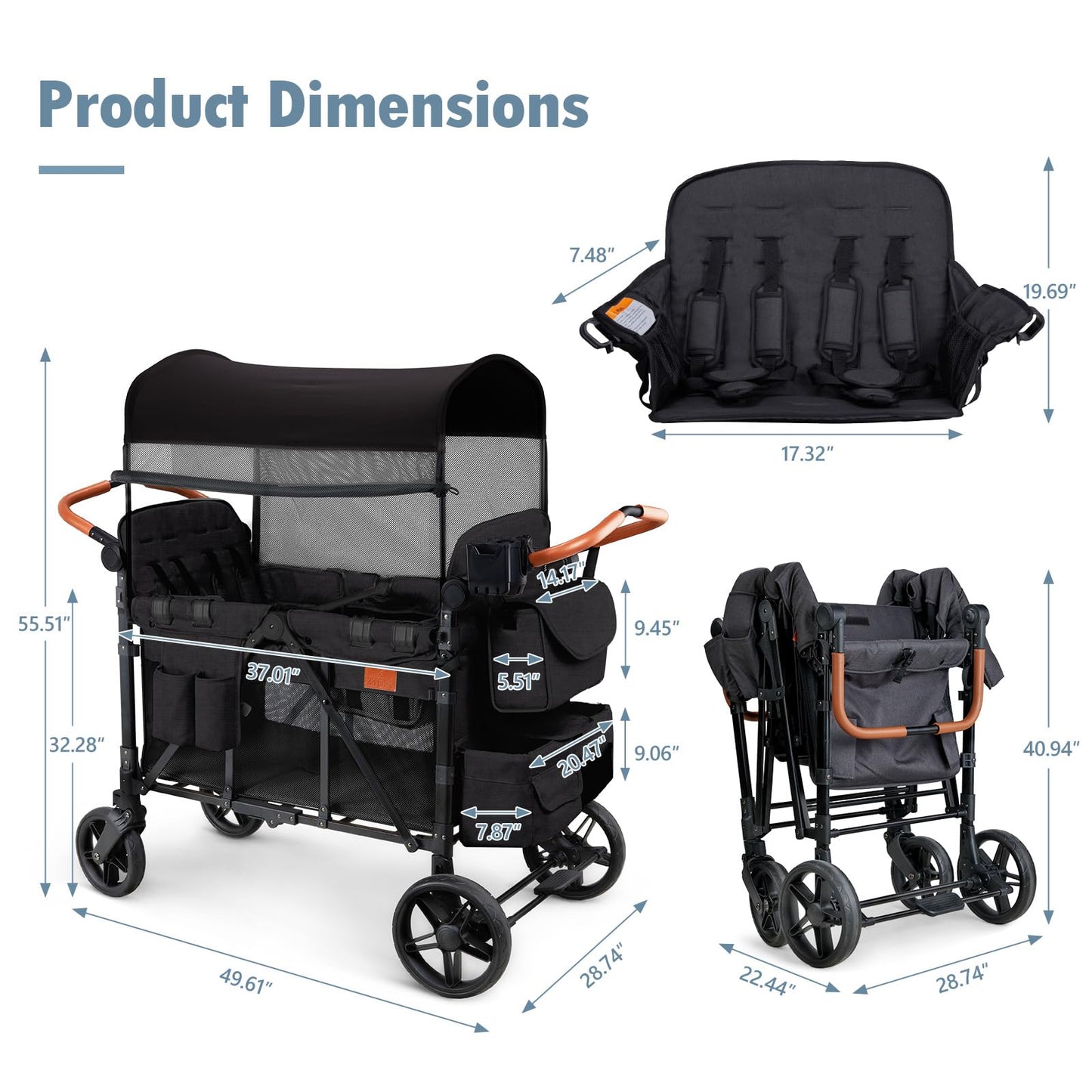 ZTDM Wagon Stroller for 4 Kids, All-Terrain Wagon for Toddler with Canopy, Parent Organizer, Shoulder Bag, Adjustable Handlebar, Phone Holder, High Seat & 5 Point Harness, Ultimate Quad (Black)