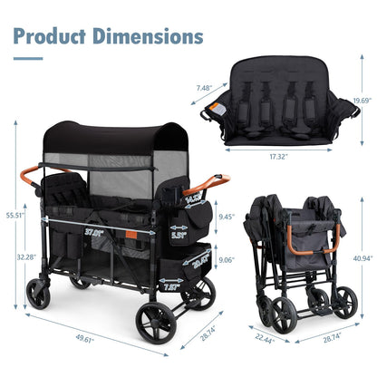 ZTDM Wagon Stroller for 4 Kids, All-Terrain Wagon for Toddler with Canopy, Parent Organizer, Shoulder Bag, Adjustable Handlebar, Phone Holder, High Seat & 5 Point Harness, Ultimate Quad (Black)