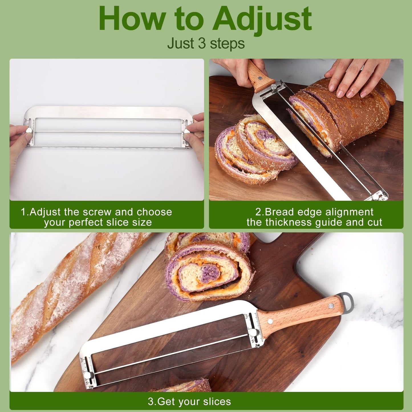 Adjustable Bread Slicer for Homemade Bread - Upgrade Manual Sourdough Bread Knife with Thickness Guide, Bread Bow Cutter with Stainless Steel Serrated Blade for Baguettes Bagels, Ideal Gift for Baker