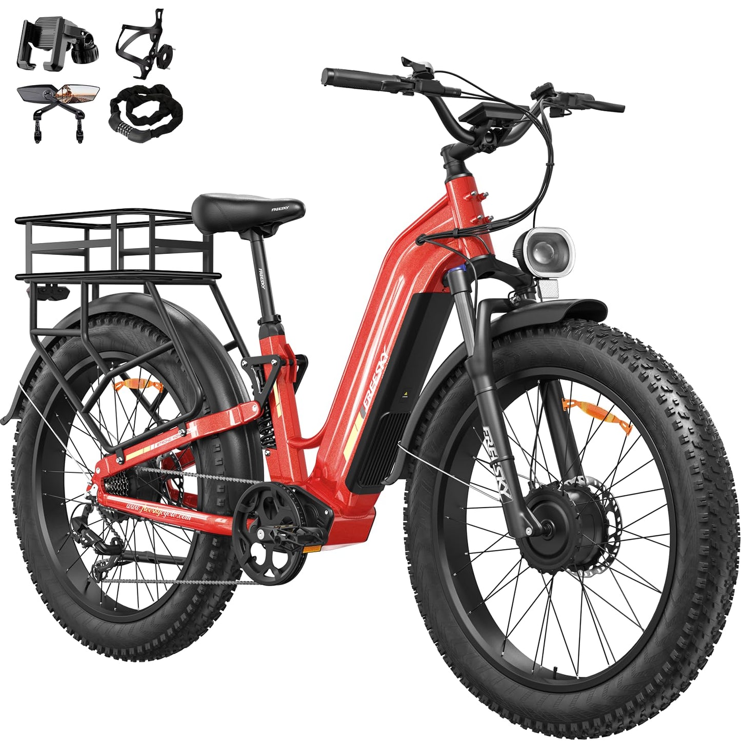 FREESKY Dual Motor Electric Bike for Adults 3500W Fast Ebike 105Miles Long Range 48V 25A Electric Mountain Bike 34MPH Dirt E Bike 26'' Fat Tire Full Suspension Electric Bicycle Women/Man Red-Gift