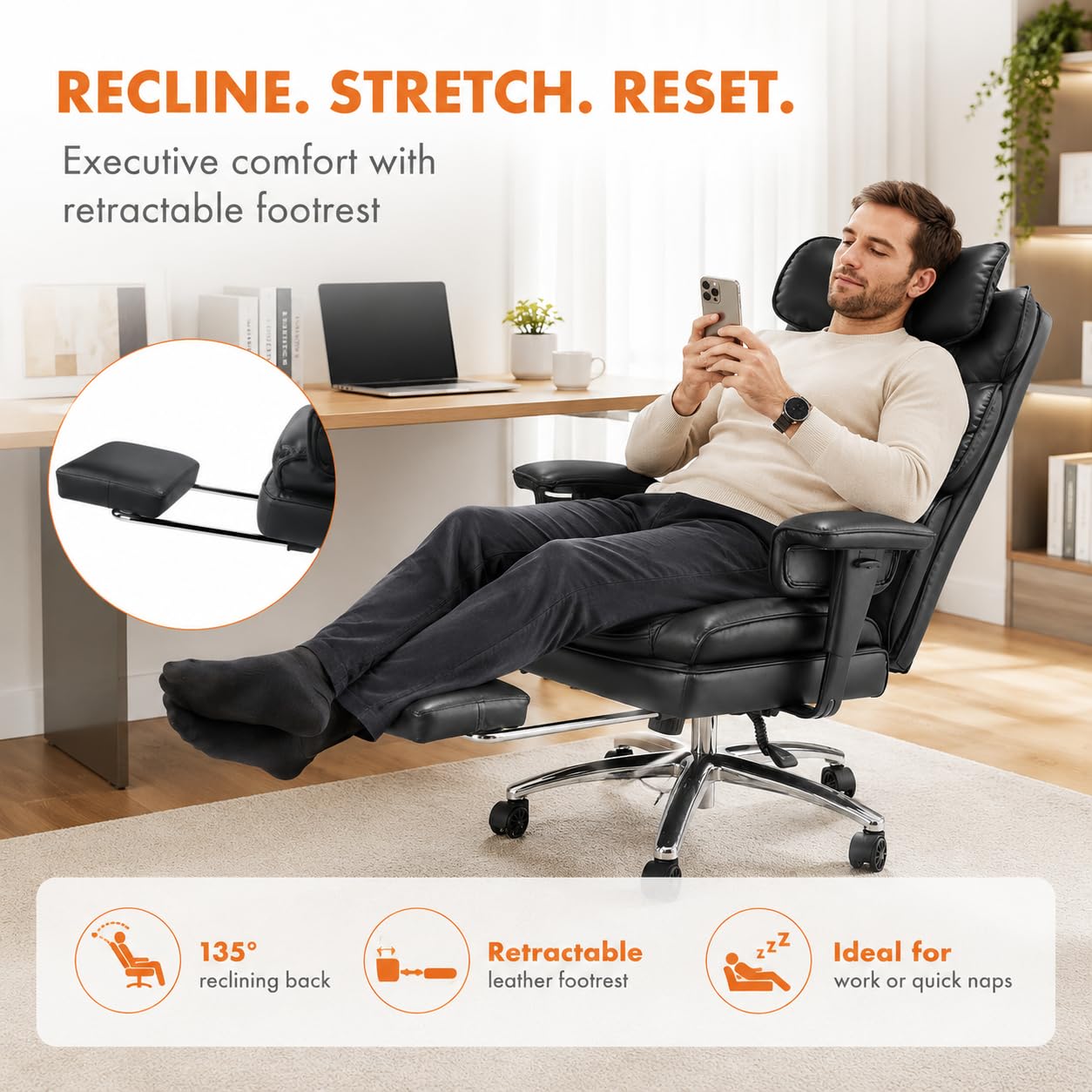 Big and Tall Ergonomic Office Chair with Footrest, Executive High Back PU Leather Desk Chair, Reclining Computer Chair with Adjustable Lumbar Support and Armrests, Swivel Rolling Gaming Chair, Black