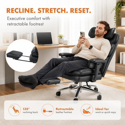 Big and Tall Ergonomic Office Chair with Footrest, Executive High Back PU Leather Desk Chair, Reclining Computer Chair with Adjustable Lumbar Support and Armrests, Swivel Rolling Gaming Chair, Black