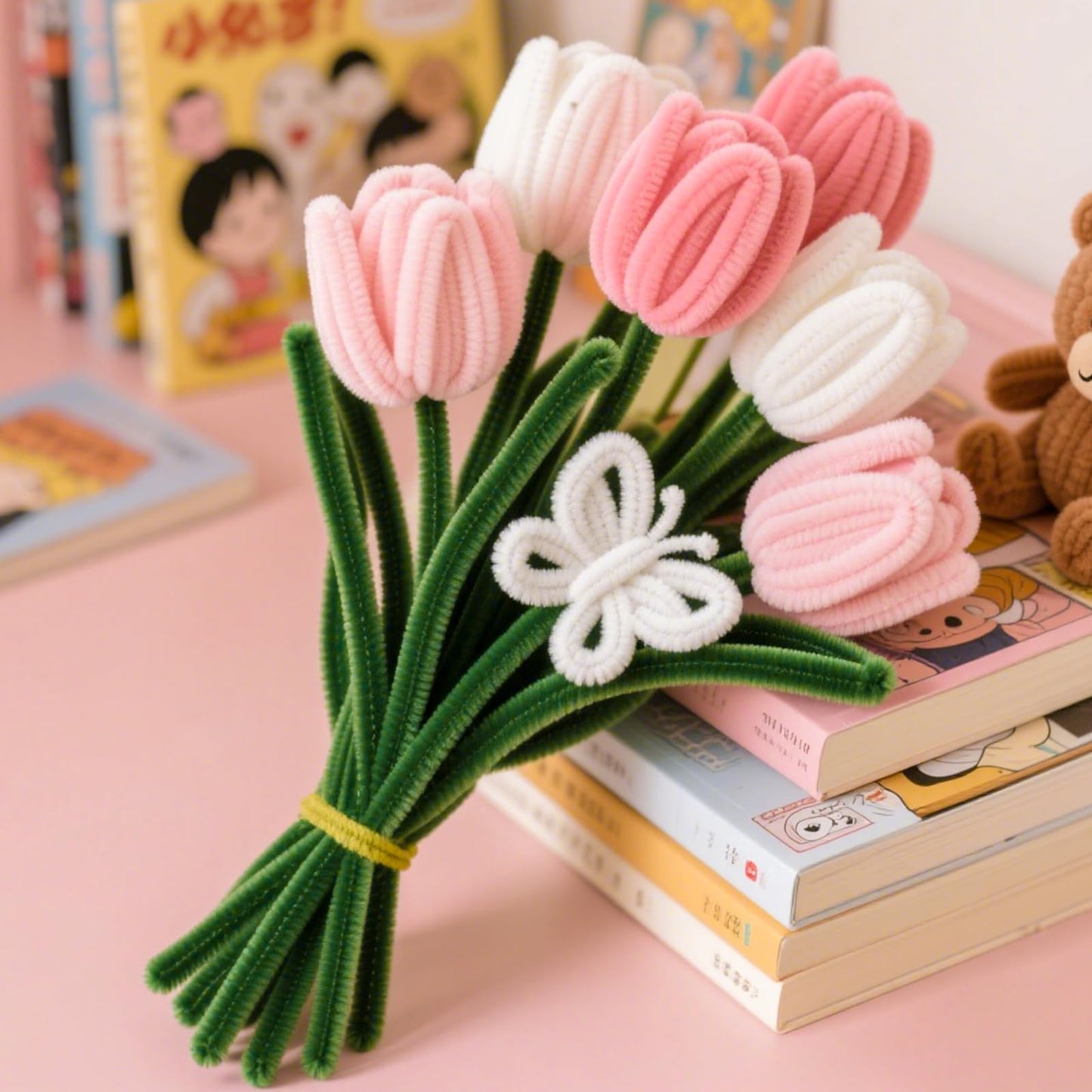 ASTARON 521 Pcs Pipe Cleaners Craft Set, 5 Colors Pipe Cleaners Bulk Pastel Chenille Stems for Craft Pipe Cleaner Flowers Making Kit with Floral Wires, Gardening Tape (Pink Series)