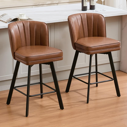 SAECKBERG Swivel Counter Height Bar Stools Set of 4, 26'' Modern Barstools with Backs and Metal Legs, Upholstered Bar Chairs, Faux Leather Dark Brown Stools for Kitchen Island Chairs