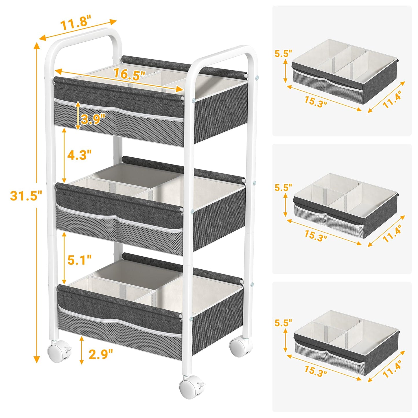 Baby Diaper Caddy Rolling Utility Cart, 3 Tier Baby Essentials Nursery Organizer and Storage with Dividers and Drawers for Crib, Bedroom, Art & Craft Organizer (White)