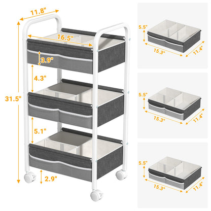 Baby Diaper Caddy Rolling Utility Cart, 3 Tier Baby Essentials Nursery Organizer and Storage with Dividers and Drawers for Crib, Bedroom, Art & Craft Organizer (White)