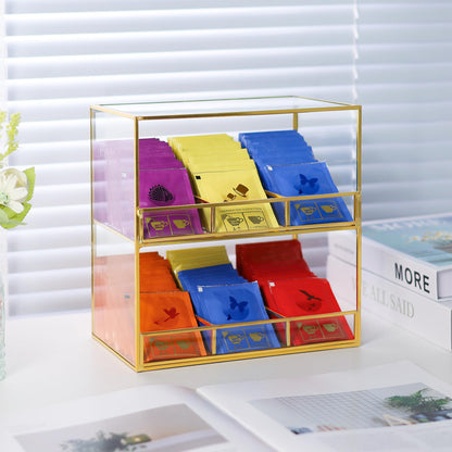 REDHUGO Glass Tea Bag Organizer for Counter, 2-Tier Teabag Organizer Storage Holder for Tea Bags, Glass Caddy Box Containers, Rack Teabag Station Stand for Cabinet Kitchen, 2-Tier, Gold