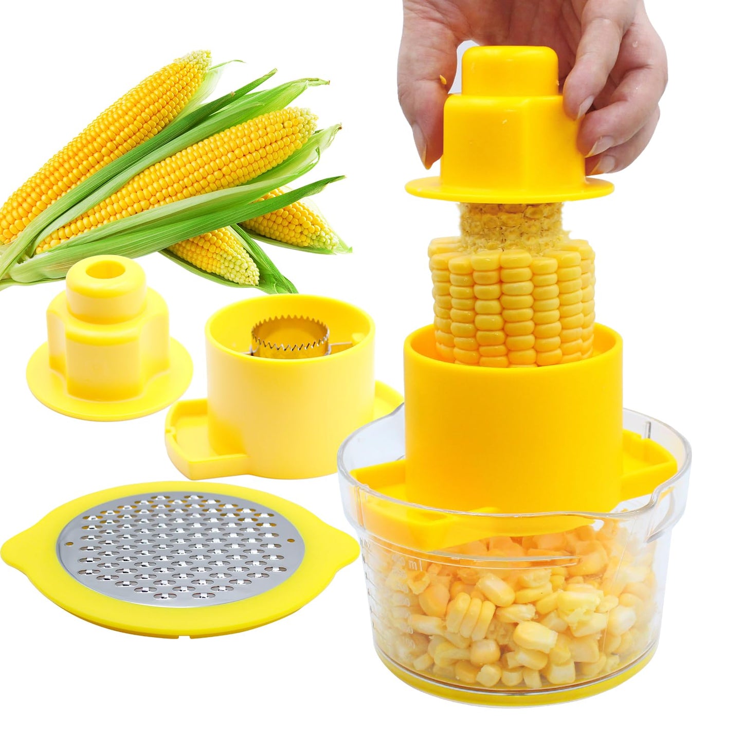 Corn Cob Stripper and Peeler Tool with Bowl, Multifunction Quick Corn Kernel Cutter Set with Grinder, Fast Kernel Peeler for Corn on The Cob, Non-Slip Base for Kitchen