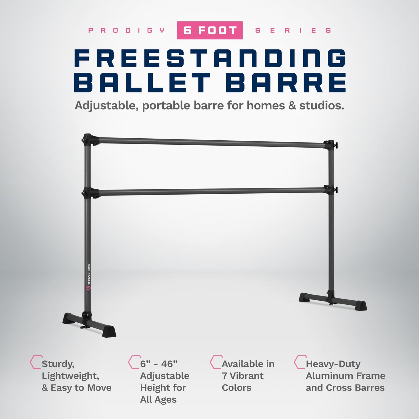 VITA Barre Portable Freestanding Double Ballet Barre, Prodigy, 6 Ft Bars, Dark Mystic Gray | Adjustable Height, USA Made, Home or Gym Exercise Equipment for Kids & Adults | Dance, Fitness, Pilates