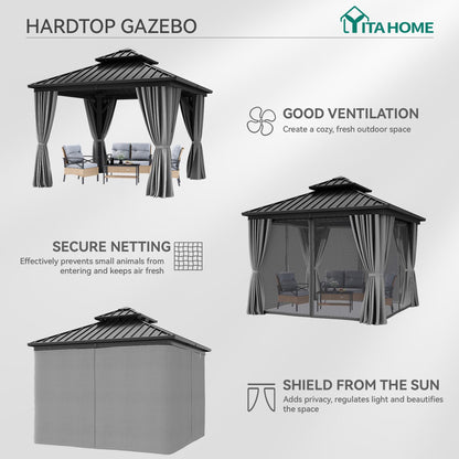 YITAHOME 10X10FT Hard Top Gazebo Patios Outdoor Double Roof Canopy Aluminum Frame Garden Gazebo with Curtains Netting for Backyards Decks Lawns, Gray