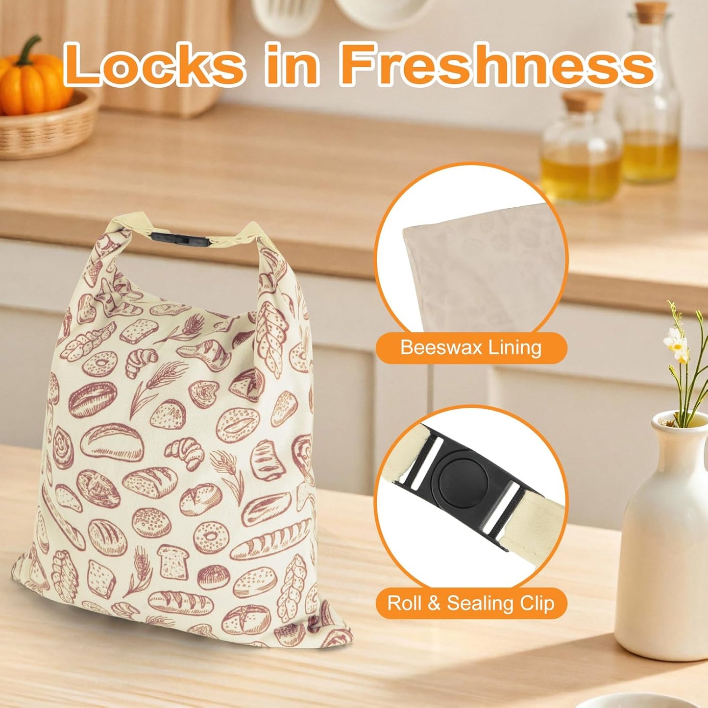 2 PACK Fresh,13''17'', 02 Beeswax Sourdough Bread Bags for Homemade Bread, Reusable Cotton Beeswax Bread Bag Portable