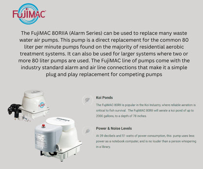 FUJIMAC 80RIIA Alarm Series Pond or Septic Air Pump | Mid-to-High Capacity Linear Diaphragm Pump for Aerobic Treatment Systems. | Quiet, Oil-Free Operation with Thermal Protection and Easy Maintenance