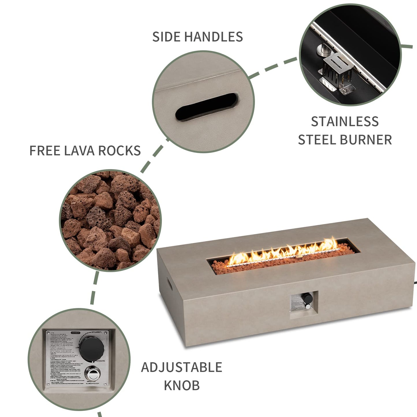 COSIEST 2-Piece Outdoor Propane Fire Table Set, Certified, Rectangle Concrete 56" Rectangular Gray Fire Pit (50,000 BTU) w 20lb Tank Table,Waterproof Cover for Garden, Porch, Backyard