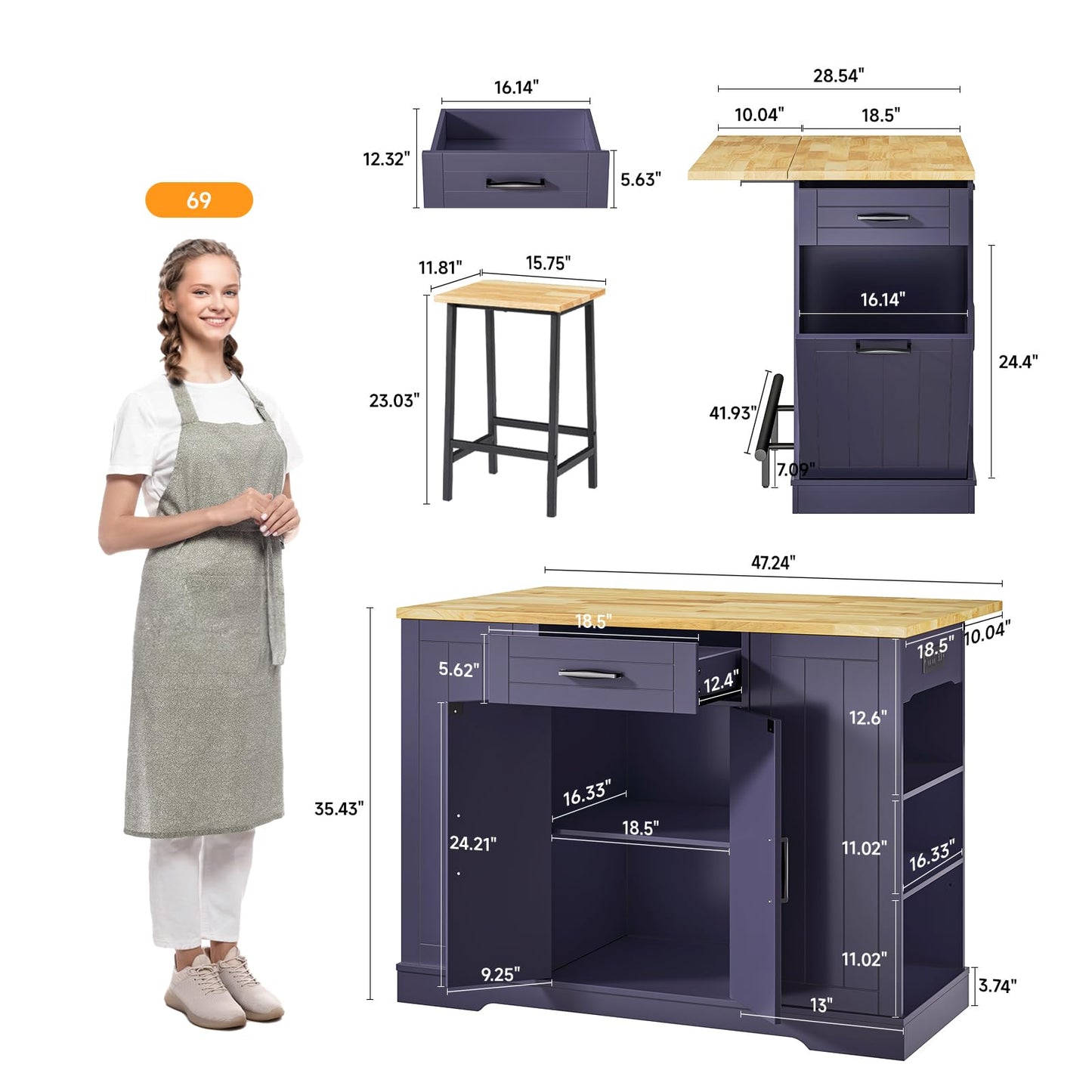ONBRILL Stationary Kitchen Islands Include 2 Chairs, 47" Kitchen Island with Drop Leaf, Home Bar Table with Spice Rack & with Trash Cabinet, Island Table for Dining Room with Power Outlet, Blue