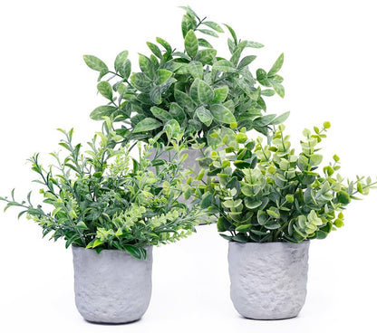 FGSAEOR Mini Potted Fake Plants, Small Artificial Greenery Realistic Plants Topiaries, Low Maintenance, for Home Office Shelf Desk Farmhouse Room Coffee Table Decor (3-Pack) (Grey (Round Pot))