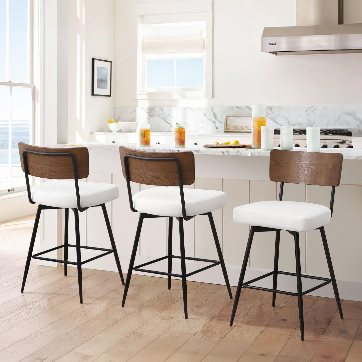 Bekrvio Counter Height Swivel Bar Stools Set of 4, Upholstered Faux Leather Barstools with Wood Backs and Metal Legs, 26" Seat Height Counter Bar Stool for Kitchen Island, White