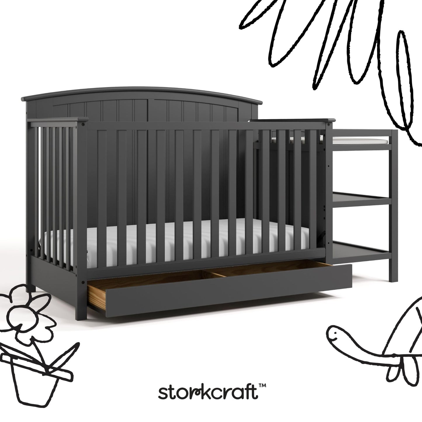 Storkcraft Steveston 5-in-1 Convertible Crib & Changer – GREENGUARD Gold Certified, Fits Standard Crib Mattress, Converts to Toddler Bed and Full Bed, 4 Adjustable Mattress Heights (Gray)