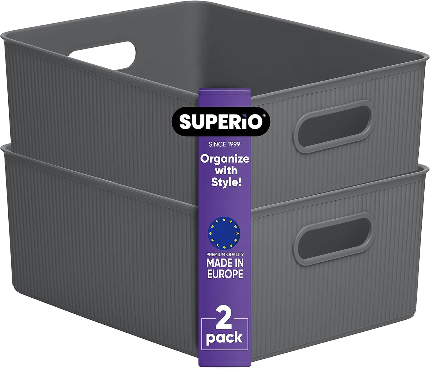 Superio Ribbed Collection Decorative Plastic Open Home Storage Bins, Large Grey (2 Pack), 15 Liter/16 Quart