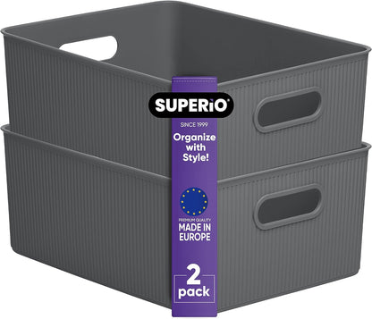 Superio Ribbed Collection Decorative Plastic Open Home Storage Bins, Large Grey (2 Pack), 15 Liter/16 Quart