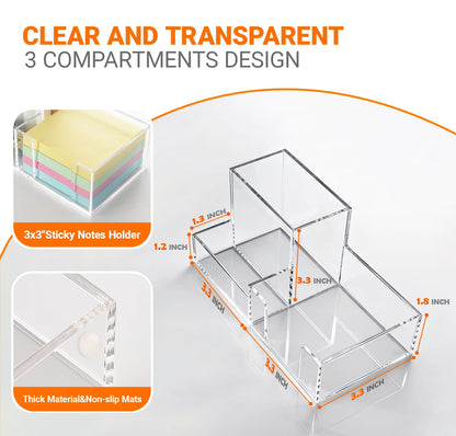 Pen Holder for Desk Clear Pencil Holder with Sticky Notes Holder Acrylic 3 Compartments Desk Organizer Office Desk Accessories for Office, School, Home, Makeup Brush Holder for Bedroom Bathroom
