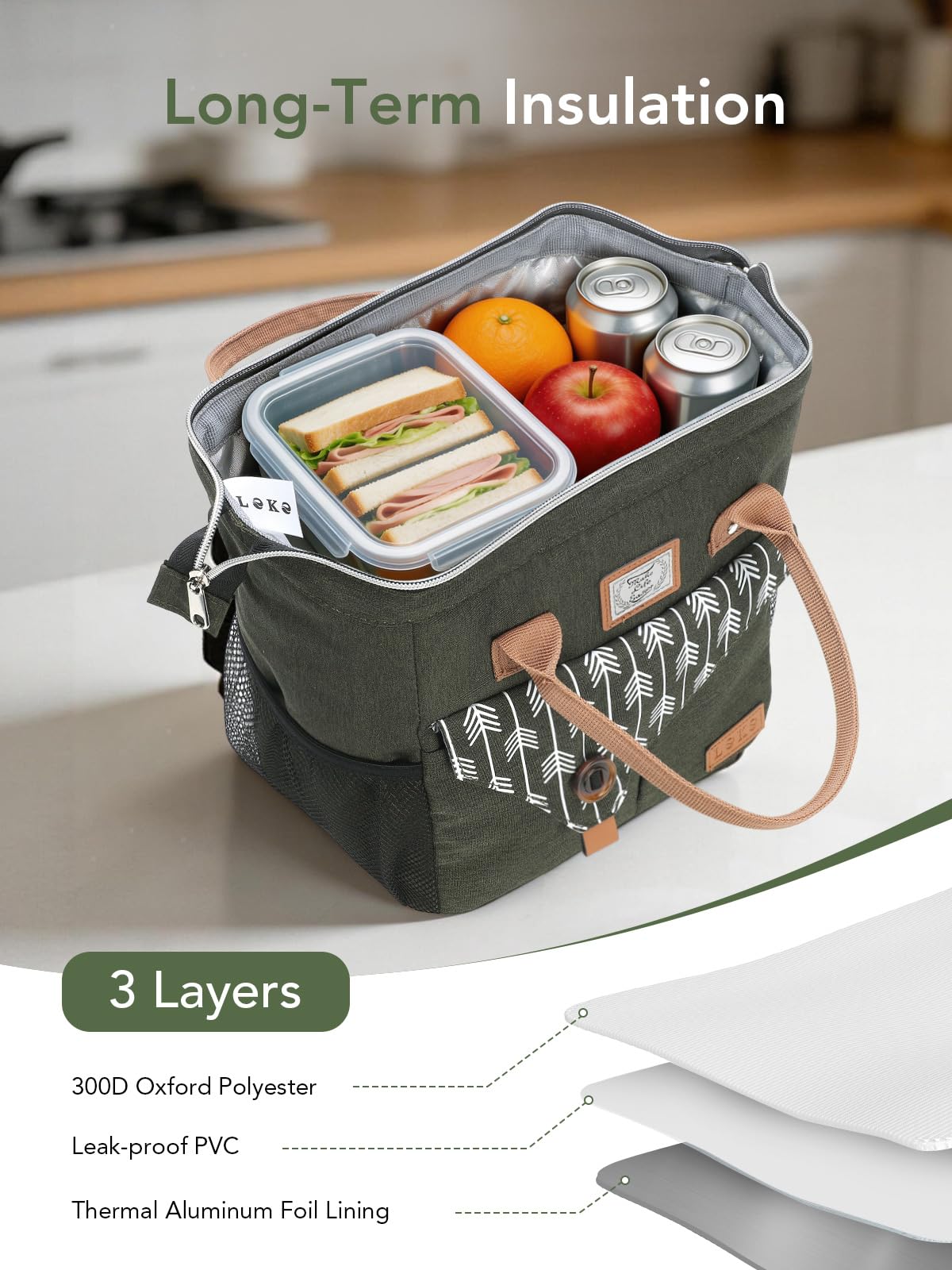 Lekesky Insulated Lunch Bag Portable Lunch Box for Office Work Picnic Beach Workout Reusable Tote Lunch Bag Organizer for Women Adult, Green
