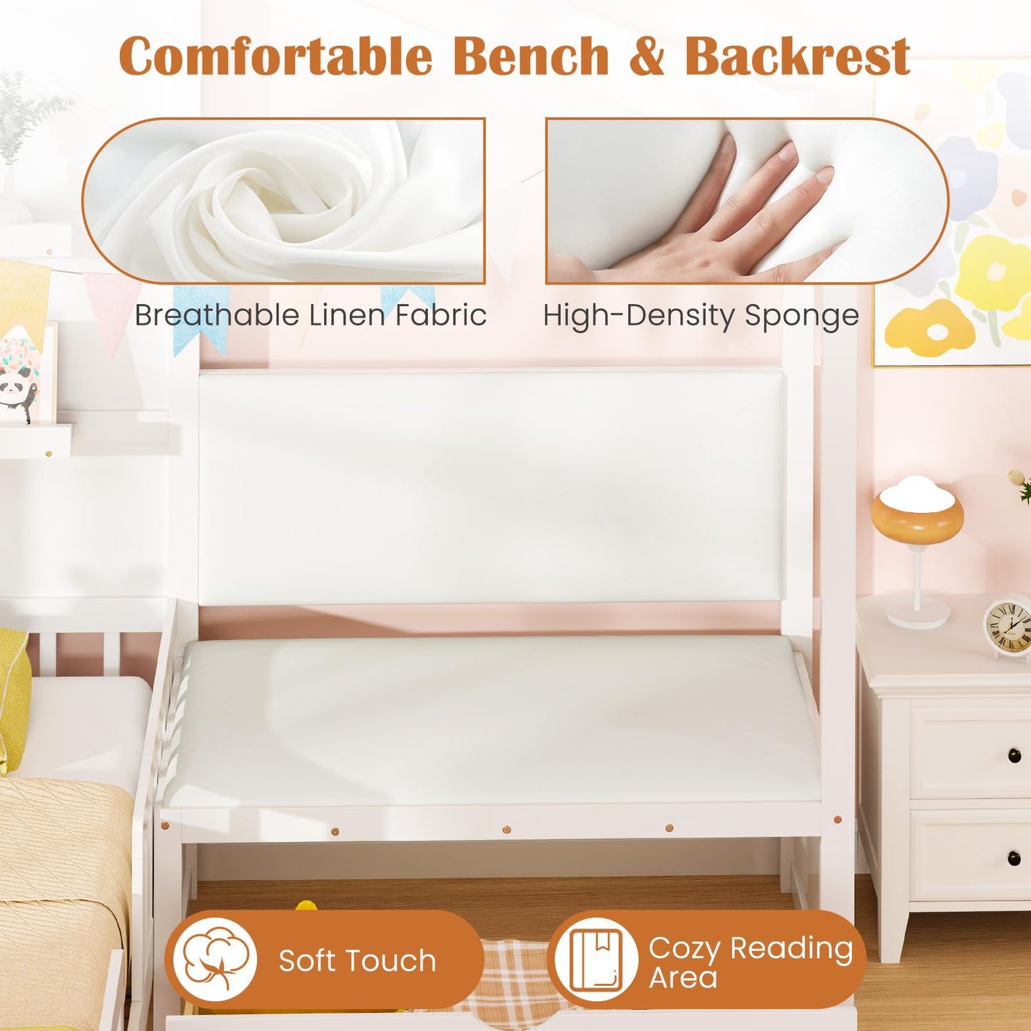 Giantex Twin House Bed for Kids, Wooden Kids Twin Bed Frame with Padded Bench, Floating Bookcase & 2 Rolling Storage Drawers, Wooden Montessori House Bed for Girls Boys, No Box Spring Needed, White