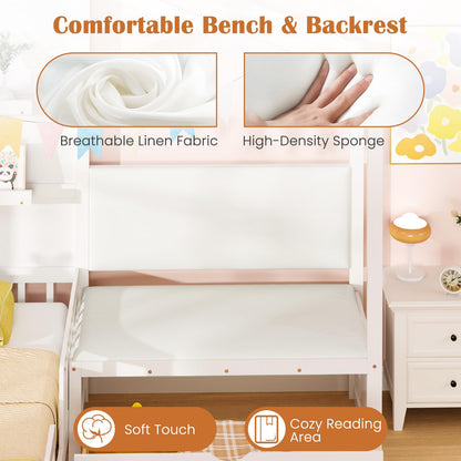 Giantex Twin House Bed for Kids, Wooden Kids Twin Bed Frame with Padded Bench, Floating Bookcase & 2 Rolling Storage Drawers, Wooden Montessori House Bed for Girls Boys, No Box Spring Needed, White