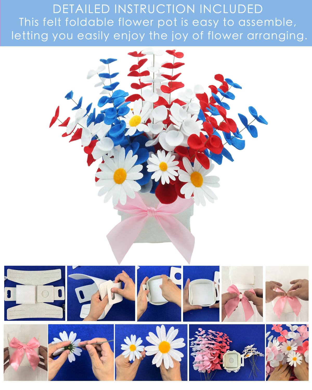 BAZIMA Felt Eucalyptus Daisy Bouquet, Felt Flowers,Multi-Color Felt Leaves,DIY Bouquet,Artificial Flower Bouquet with Flower Pot,Floral Gifts,15 Eucalyptus and 8 Daisies kit(Red, White and Blue)
