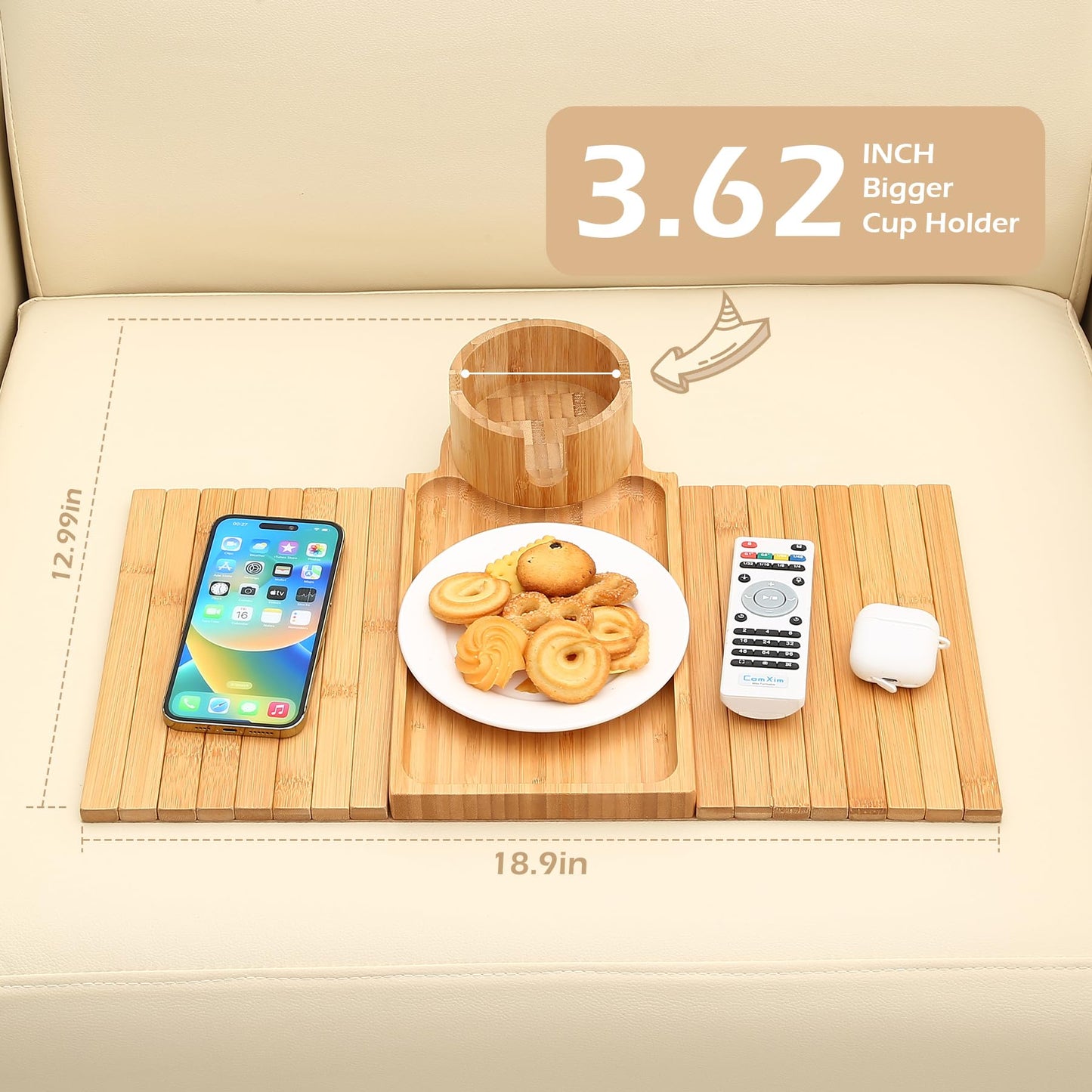 GHKINMAL Couch Cup Holder Tray, 3 in 1 Couch Arm Trays,Large Bamboo Chair Arm Rest Tray with 360° Cup Holder,Removable Anti-Slip Organizer for Snack Eating