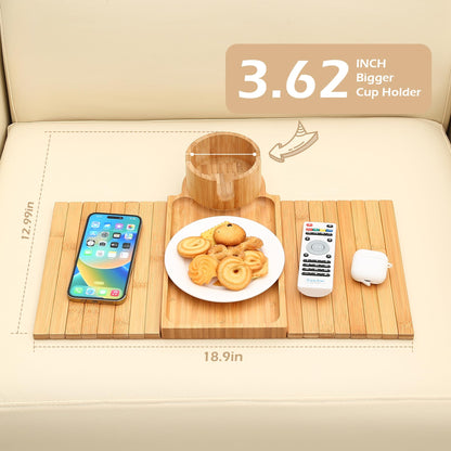 GHKINMAL Couch Cup Holder Tray, 3 in 1 Couch Arm Trays,Large Bamboo Chair Arm Rest Tray with 360° Cup Holder,Removable Anti-Slip Organizer for Snack Eating