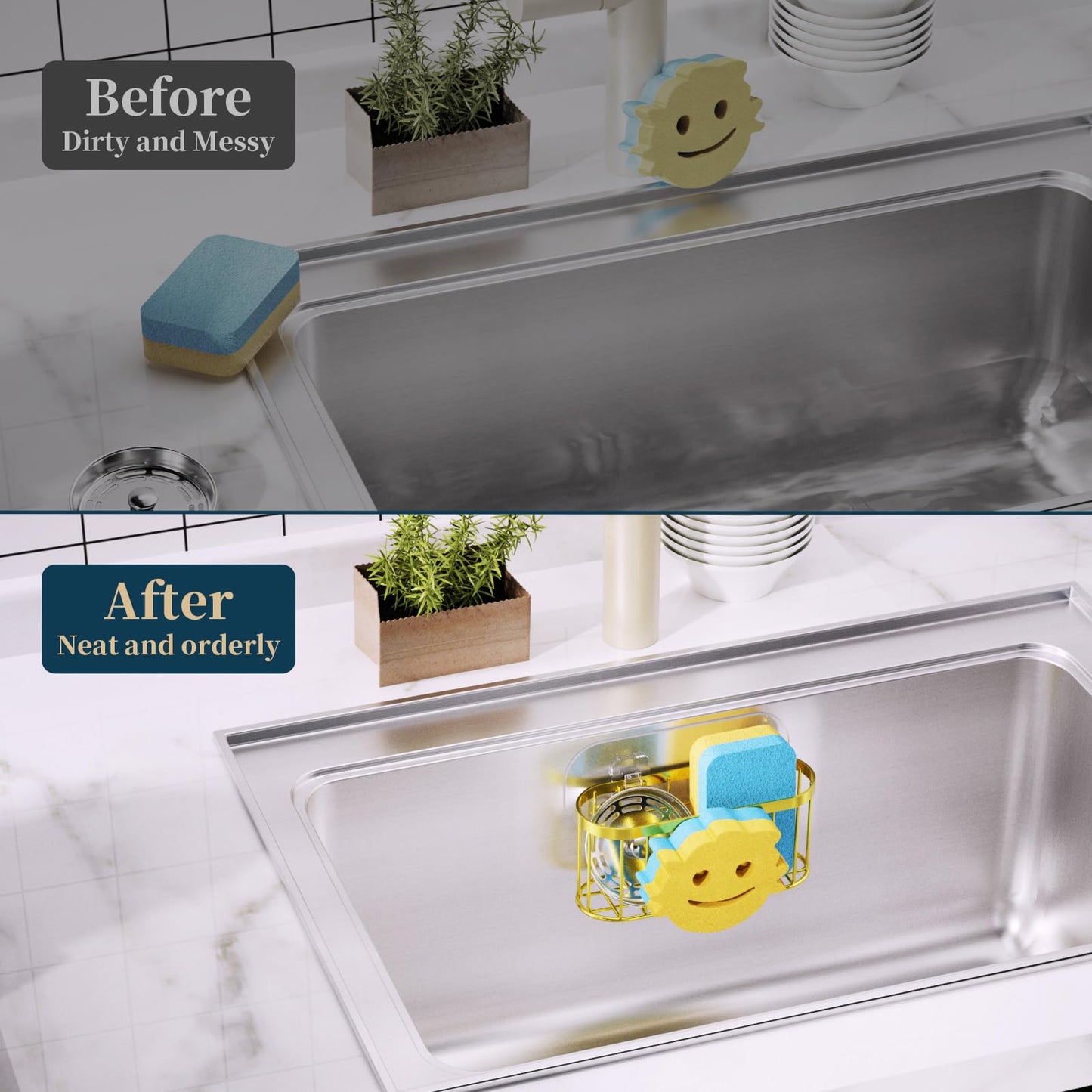Consumest Sponge Holder Smiley Face - Kitchen Sink Caddy, Sink Organizer with Removable Suction Cups & Adhesive Strips, Suit for Sponge, Soap,Gold