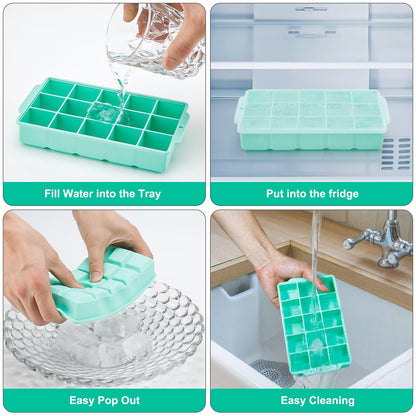 Reespring Silicone Ice Cube Tray, Ice Tray for Freezer with Lid, 3 Pack Ice Cube Trays for Freezer with 45 Flexible Easy Release Ice Trays