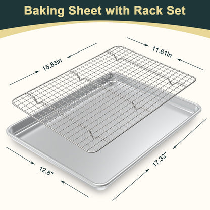 Wildone Baking Sheet with Rack Set (2 Pans + 2 Racks), Natural Aluminum Commercial Quality Cookie Sheet with Cooling Rack, Nonstick Baking Pan, Warp Resistant & Heavy Duty, Half Sheet Size