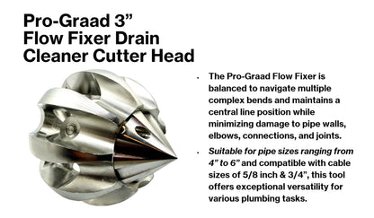 Pro-Graad Flow Fixer 3" Drain Cleaner Plumbing Snake Cutter Head for 4" – 6” Pipes, Clears & Scrapes Pipe Inner Walls, Fits 5/8” & 3/4" Cables, for Commercial & Residential Use