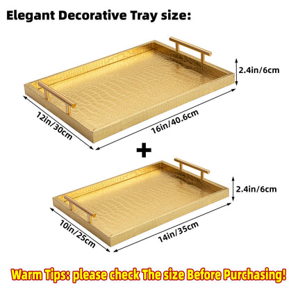 JUMBO HUMBLE Modern Elegant Large Wood Serving Tray, Set of 2 Gold Crocodile Leather with Gold Polished Metal Handles, Home Decorative Rectangle Ottoman Decor Platter Living Room Bathroom Vanity Tray
