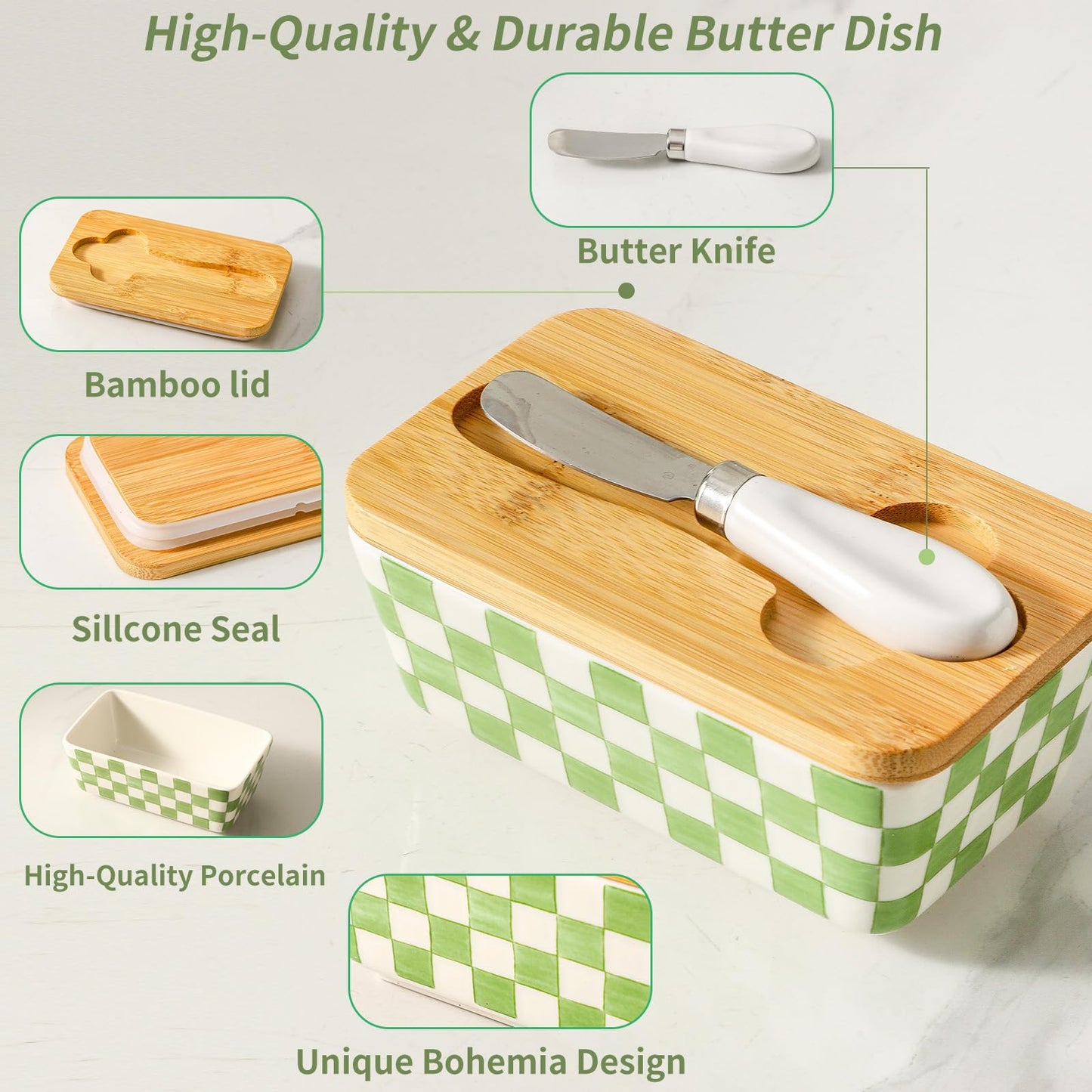 Howise Butter Dish with Lid, Large Butter Dish for Countertop, Ceramic Butter Keeper Container with Knife and Silicone Sealing Butter Box for Home Decor Good Kitchen Gift Green