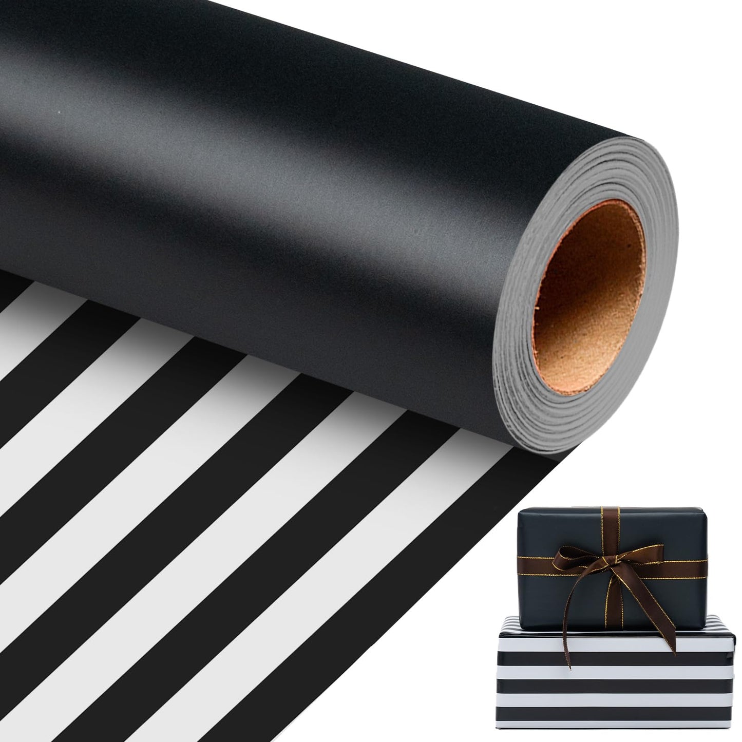 Homeral Black Wrapping Paper Roll - 17 In x 33 Ft Matte Metallic Solid Color & Black and White Stripe Reversible Gift Wrapping Paper for Birthday, Christmas, Father's Day, Graduation, DIY Bouquet