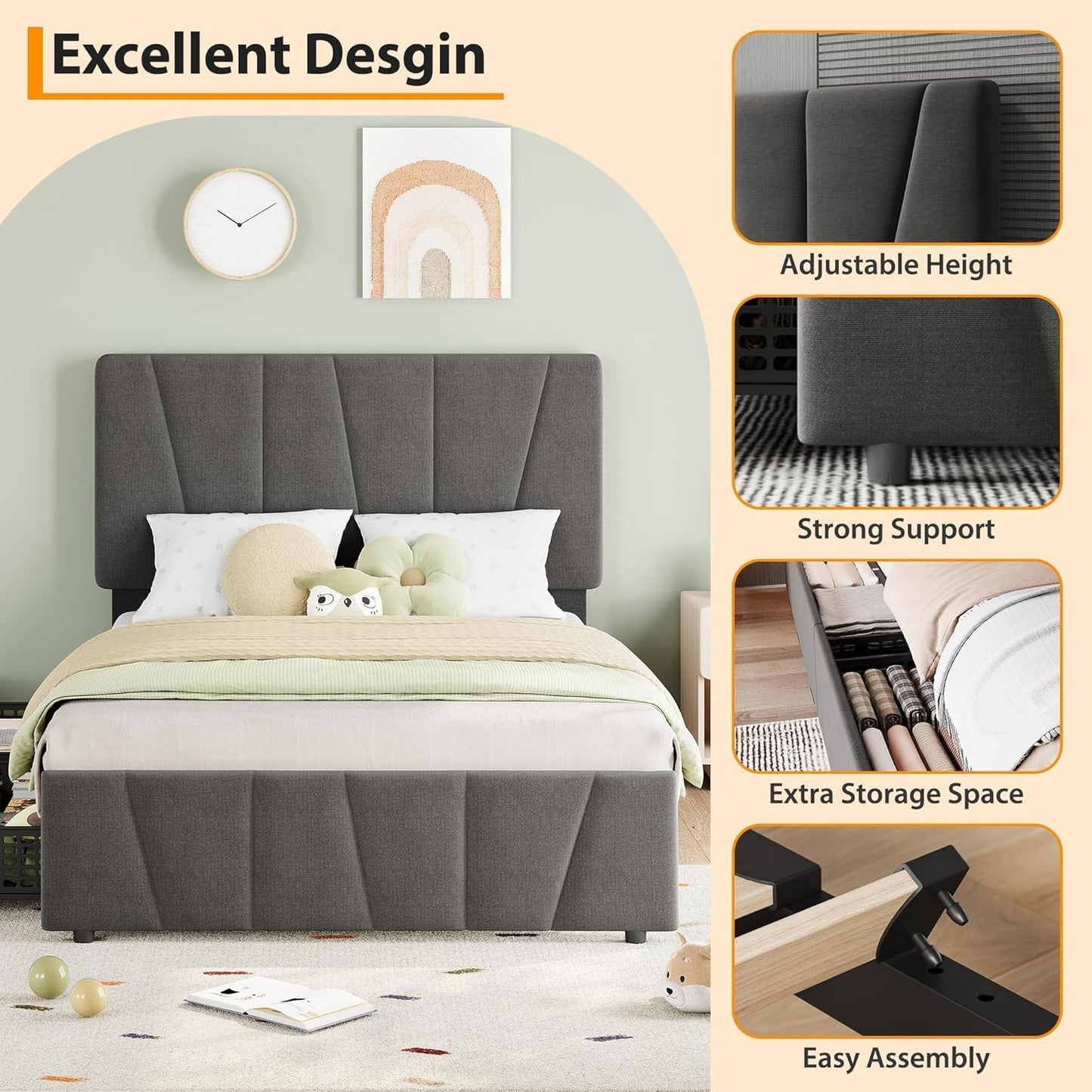 Twin Size Bed Frame with Upholstered Headboard & 2 Storage Drawers with Wheels, Platform Bed Frame with Wooden Slat Support, Adjustable Headboard, No Box Spring Needed, Noise-Free, for Bedroom