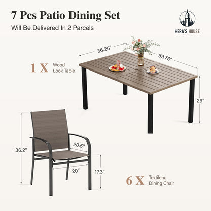 HERA'S HOUSE Patio Table and Chairs for 6, 7 Pieces Outdoor Deck Dining Sets, Wood-Like Rectangular Metal Table Set with Chairs for Lawn Garden Backyard, Brown