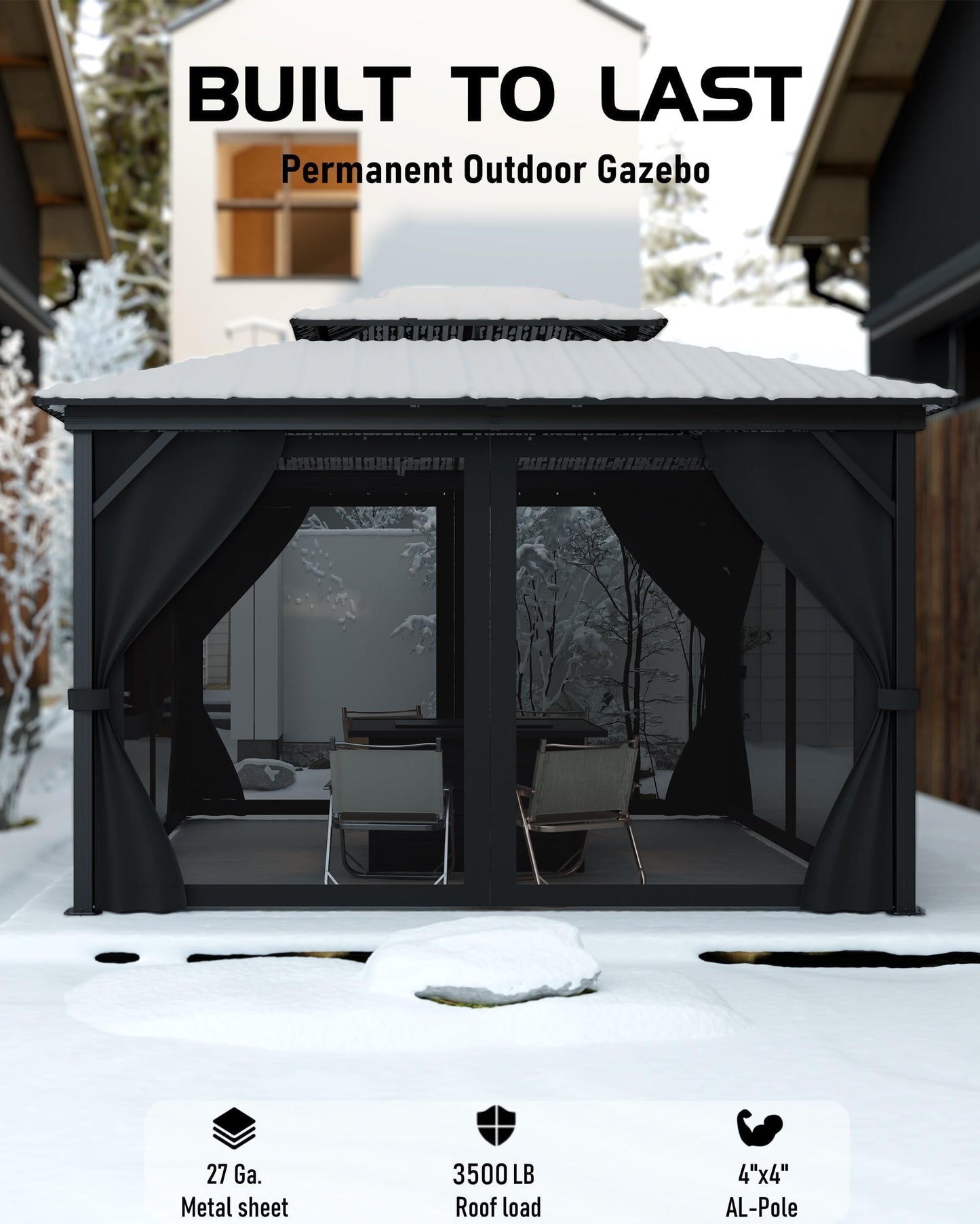 12'X14' Hardtop Gazebo, Metal Double Roof Aluminum Gazebos with Curtain and Netting, Permanent Galvanized Steel Pavilion, Heavy Duty Poles for Patio, Deck, Backyard, Lawn, Garden, Brown