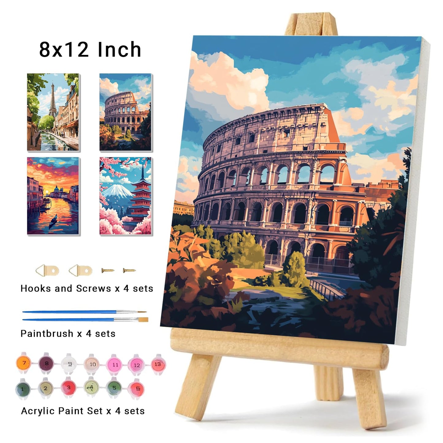 obterie 4 Pack Framed Paint by Numbers Kit for Adults Beginner Canvas Painting by Numbers for Adults Landscapes Easy Adult Paint by Number Kits with Frame City Watercolor Painting by Number 8x12 Inch